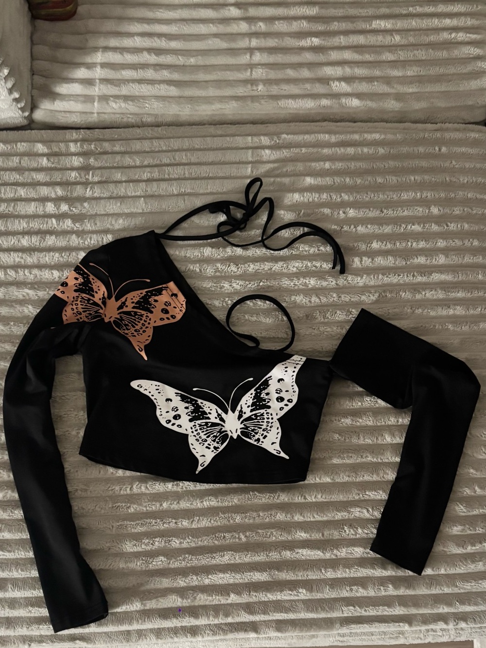 Black One-Shoulder Butterfly Crop Top